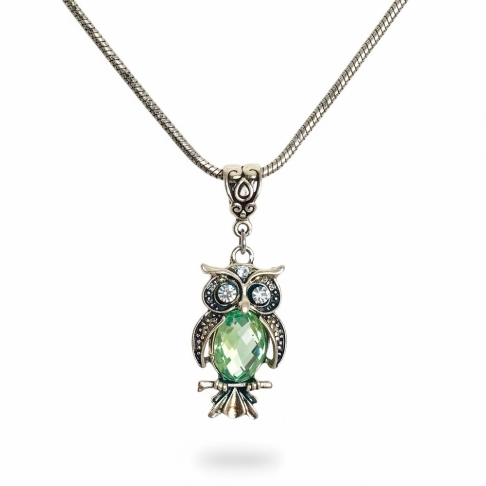 Whimsical Silver Owl Pendant Necklace with Green Crystal